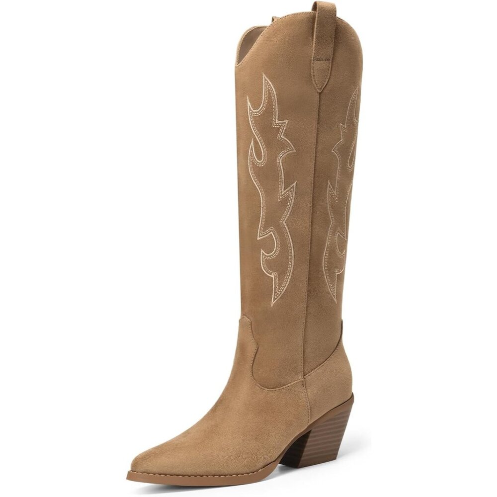 Women's Brown Western Cowgirl Boots Knee High Pointed Toe Chunky Block Heel